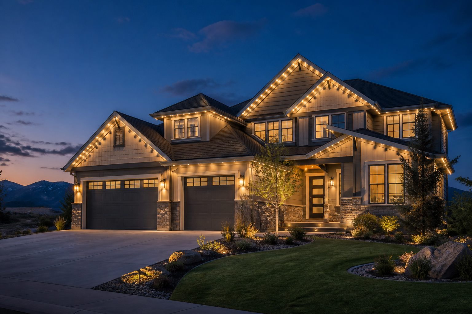 Home with warm white lights along the roofline