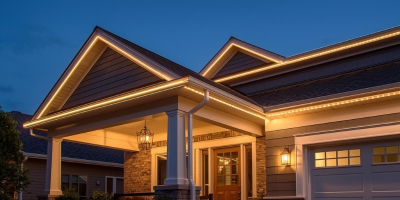 Home porch, gables, and garage outlined with warm rope style lighting